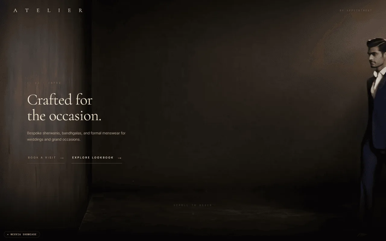 Atelier: a cinematic bespoke-menswear concept. Dark editorial hero with a tailored silhouette mid-stride and a serif ATELIER wordmark.