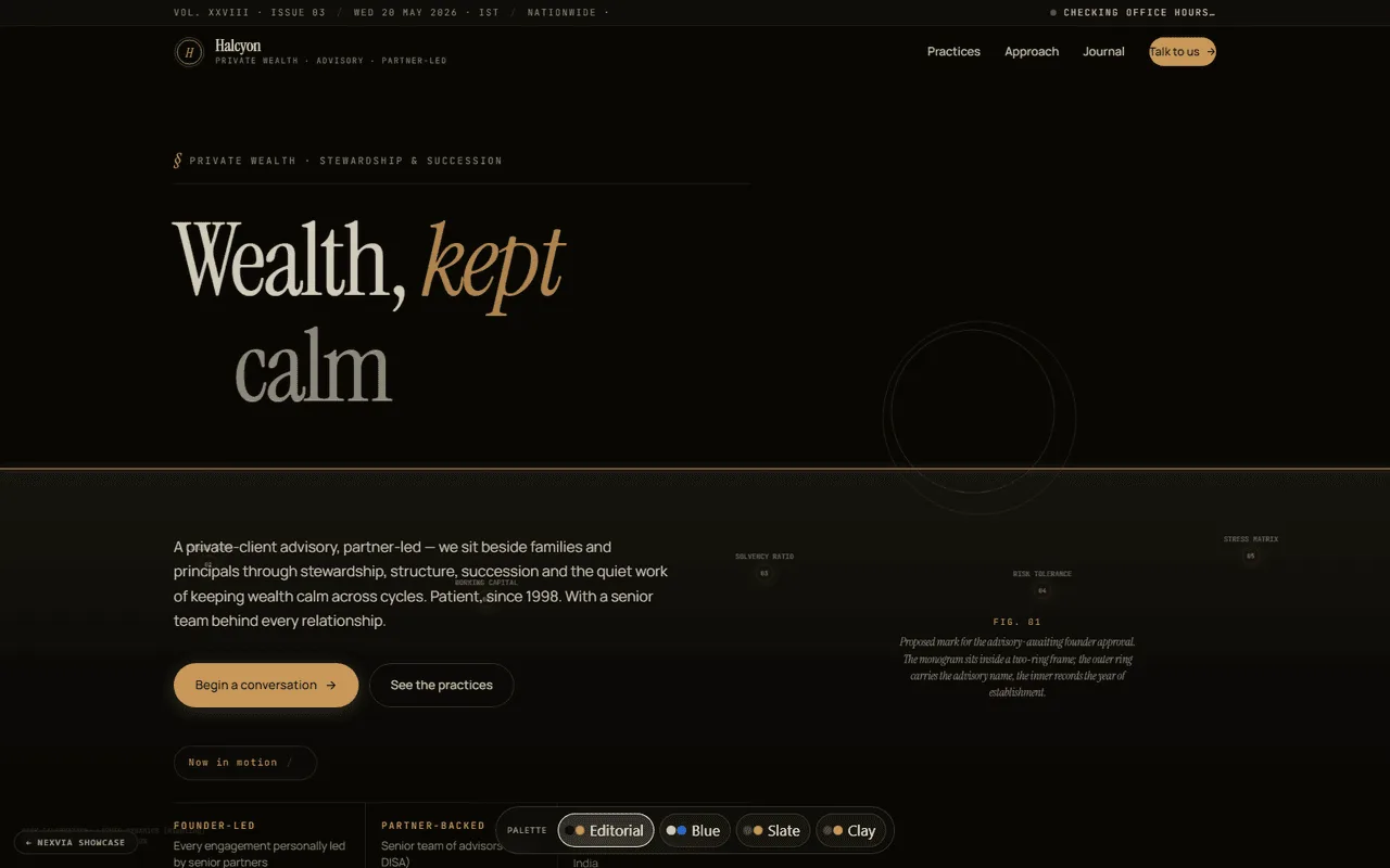 Halcyon: a private-wealth website concept. Dark editorial masthead reading 'Wealth, kept calm and clear.' over an animated liquid-wave field.