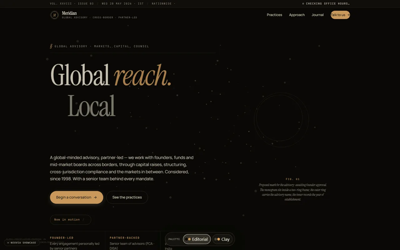 Meridian: a global advisory website concept. Dark editorial masthead reading 'Global reach. Local conviction.' over an animated constellation of market nodes.