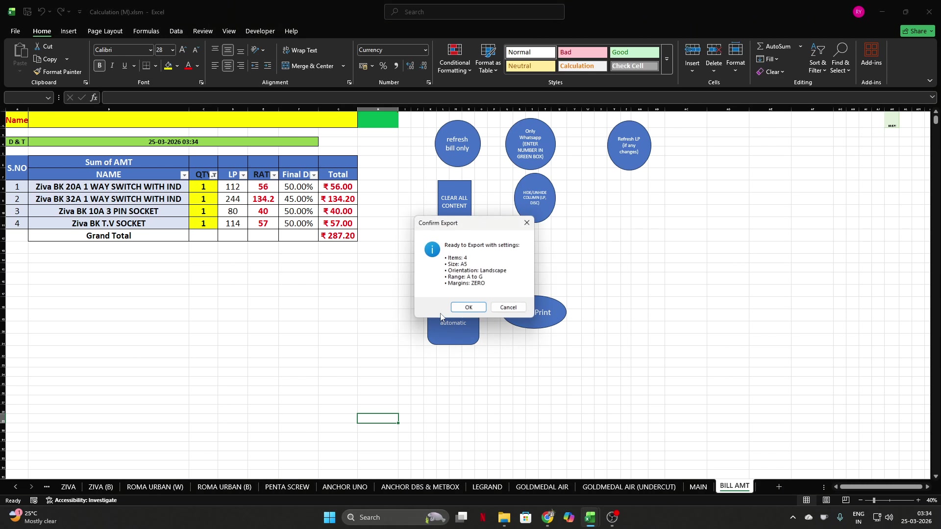 Export confirmation dialog showing 4 items at A5 landscape with zero margins