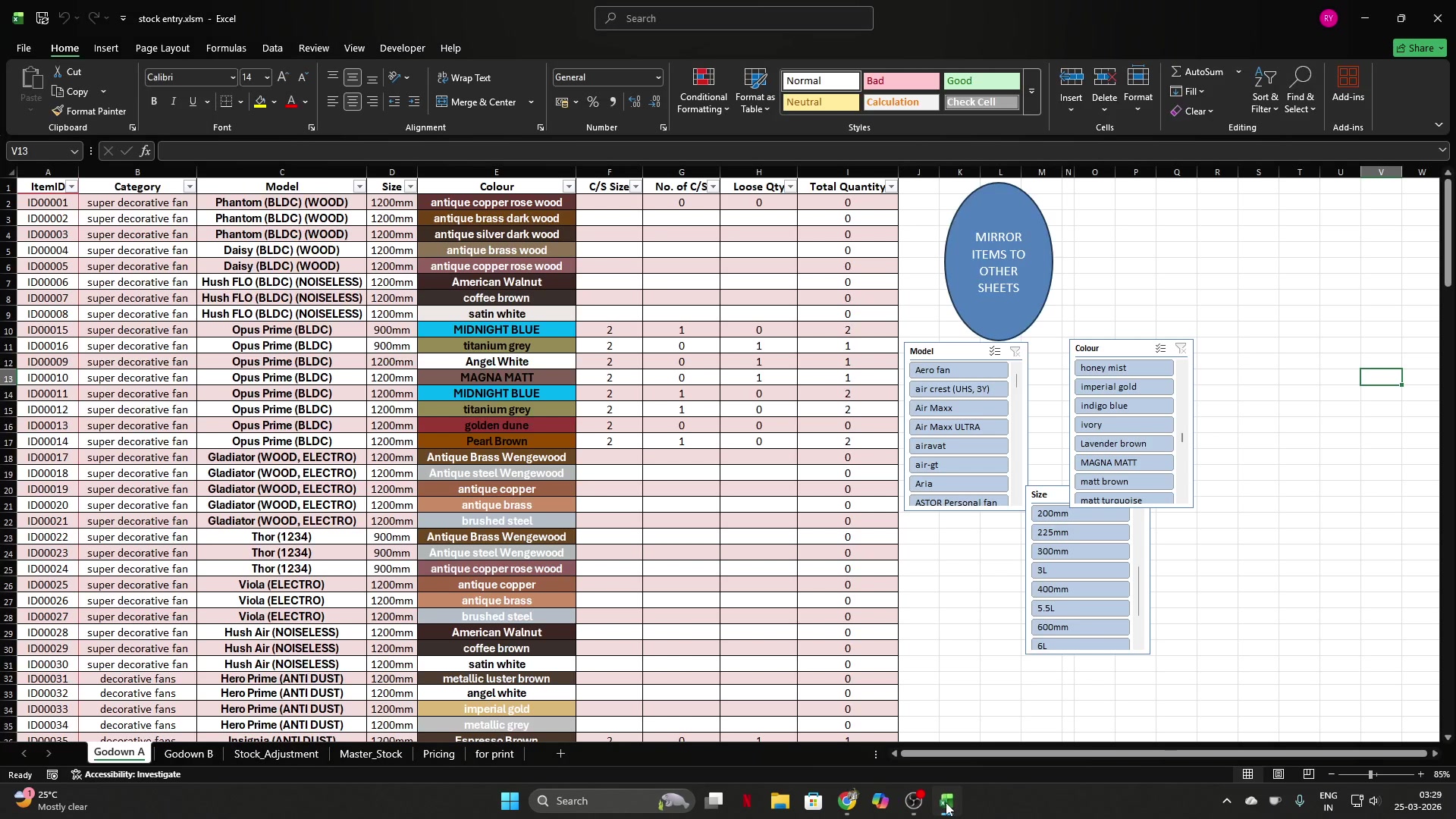Same inventory tracker with row highlighting and totals