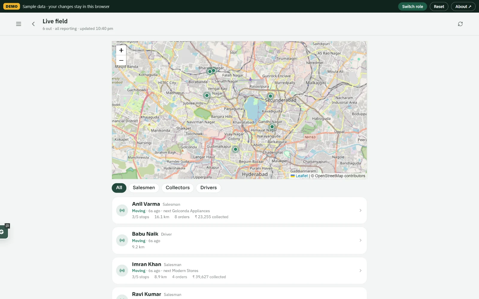 Live field map on desktop with each person's stops, distance and collections