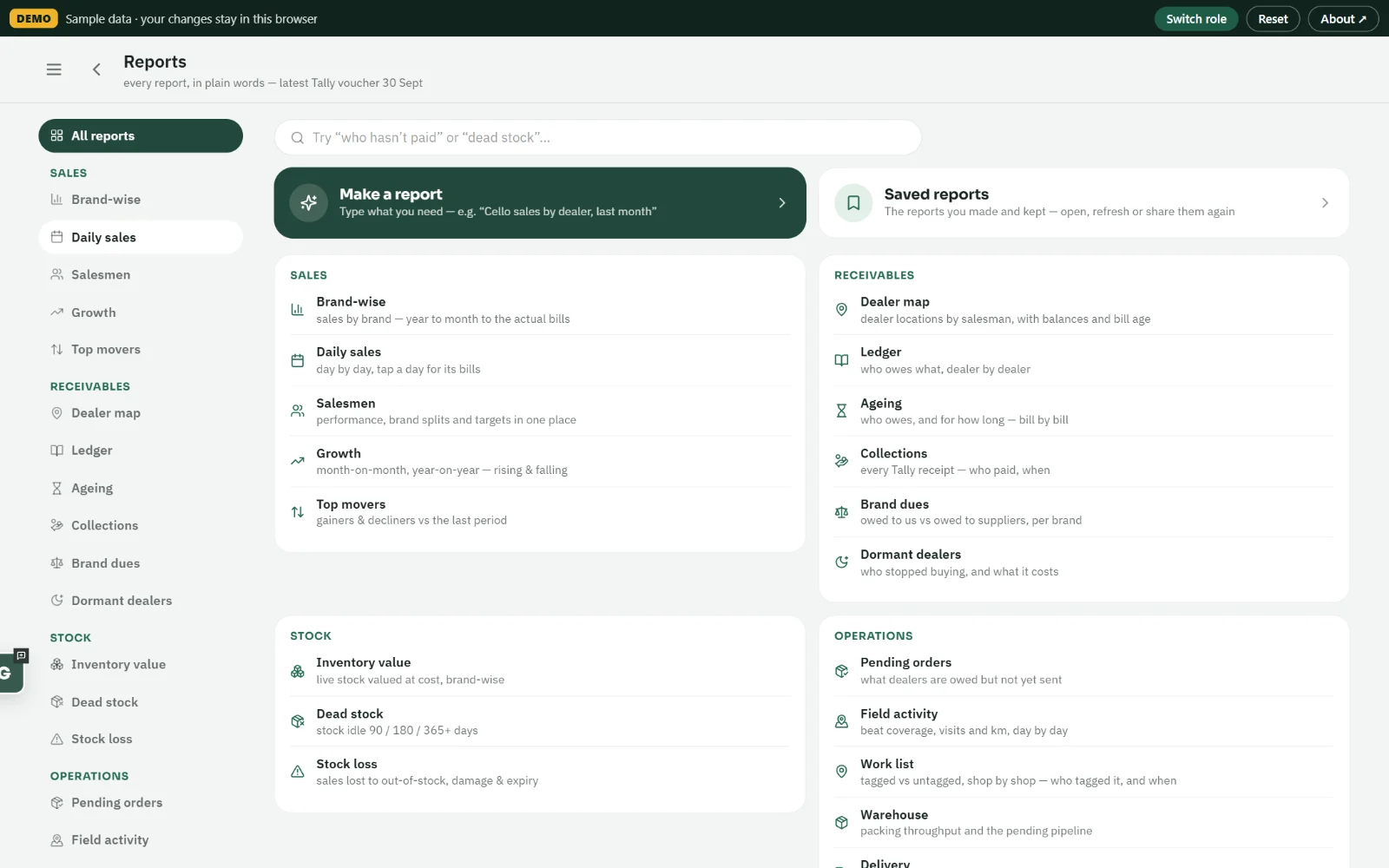 Reports hub: sales, receivables, stock and operations reports