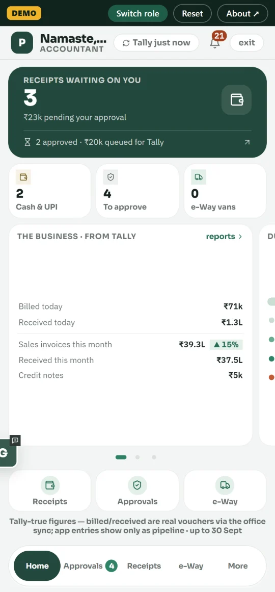 Accountant: receipts waiting for approval, business figures from Tally