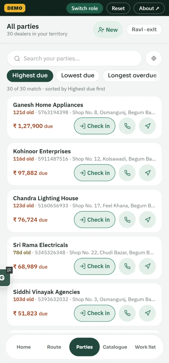 Dealer list sorted by highest due, with check-in, call and directions