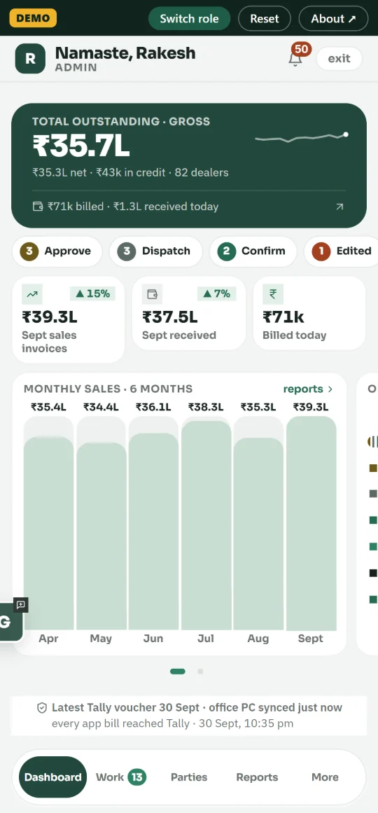 Owner dashboard: total outstanding, today's billing and receipts, queues
