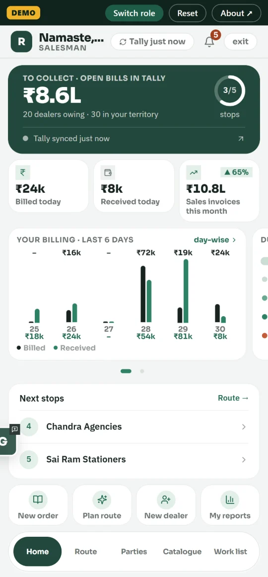 Salesman home: dues to collect, today's stops, billing