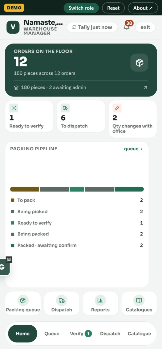 Warehouse: orders on the floor and the packing pipeline