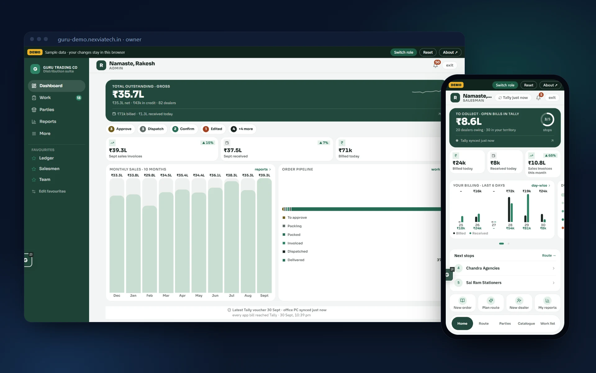 Guru Trading Co app, demo data: the owner's dashboard on a laptop and the salesman's home screen on a phone