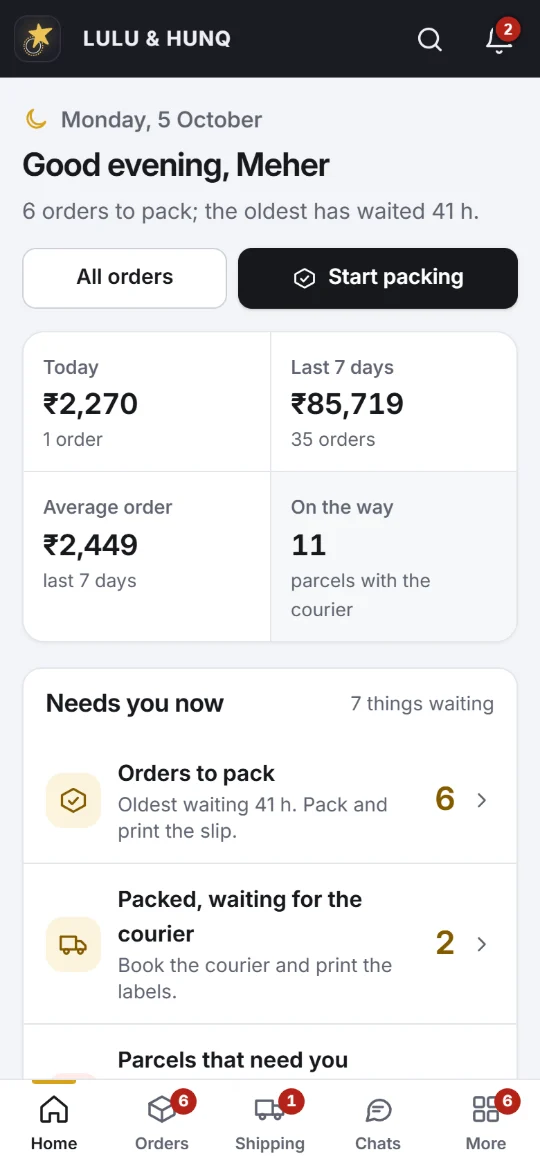 Admin home on a phone: orders to pack, today's and the last 7 days' sales