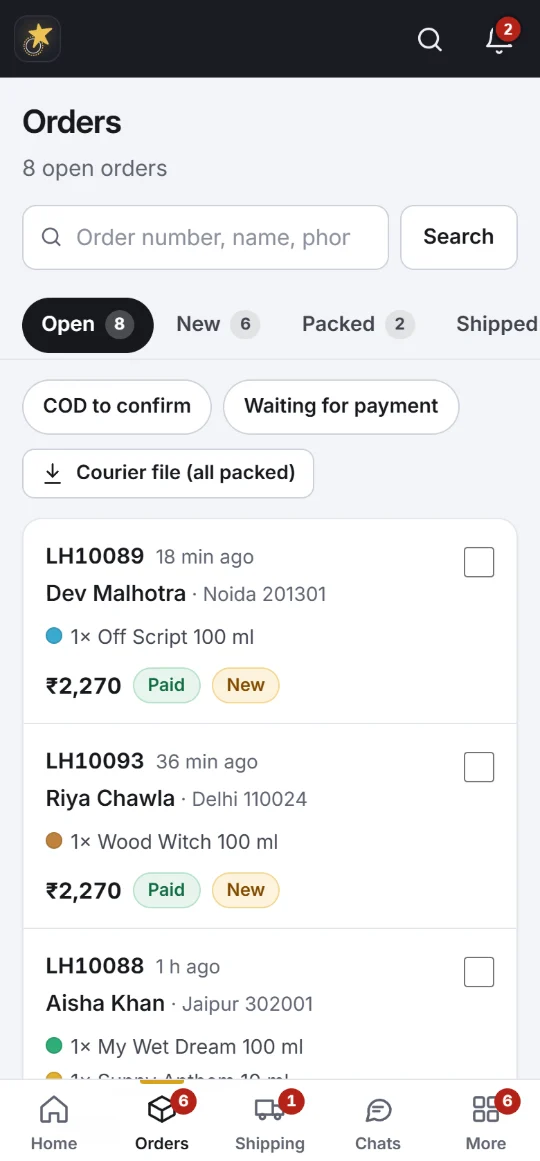 Orders list with payment and status for each order