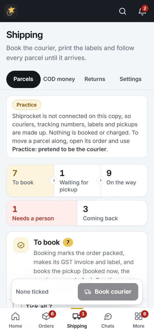 Shipping: parcels to book, waiting for pickup, on the way, needing a person