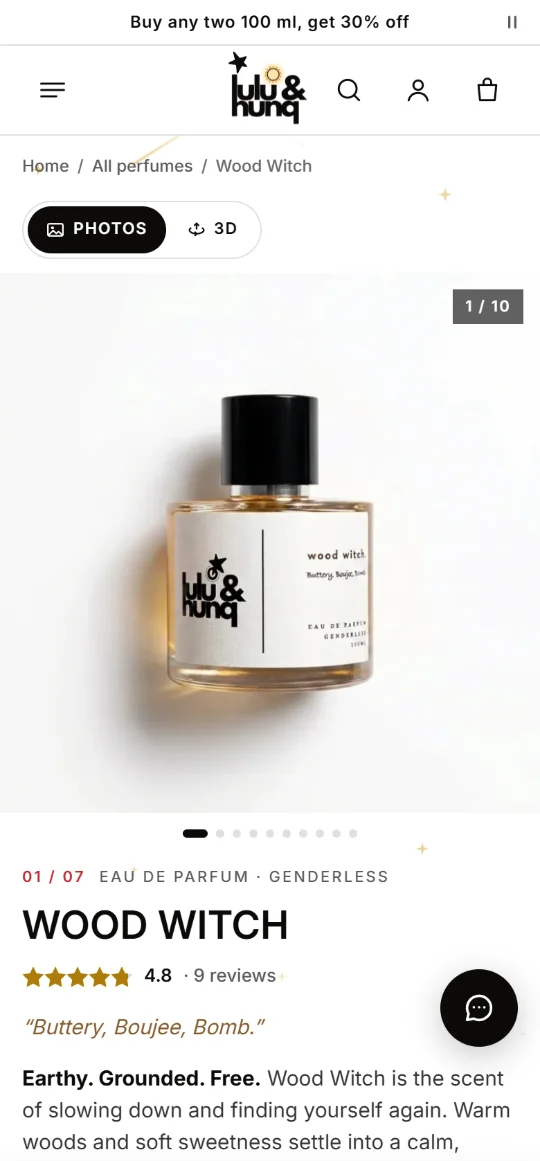 A product page with size, price, offer and the photo / 3D switch