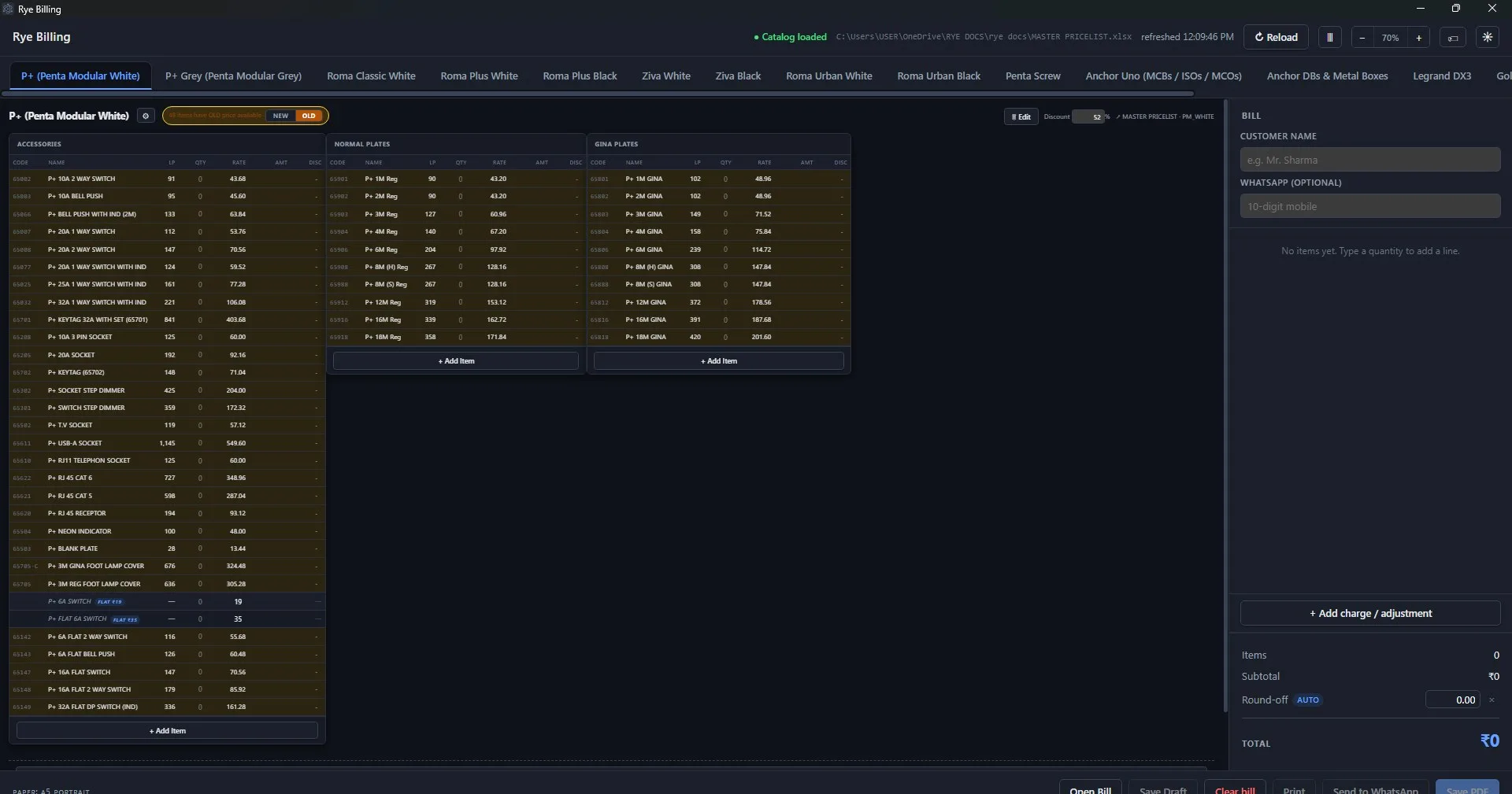 RYE Biller: desktop quoting app for an electricals business