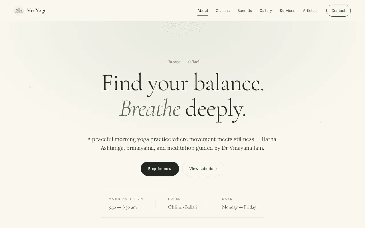 VinYoga: wellness studio site, live at vinyogastudio.in